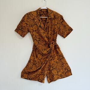 VTG 100% Silk Wrap Romper Dress Orange Floral Shoulder Pads 80s SZ 4